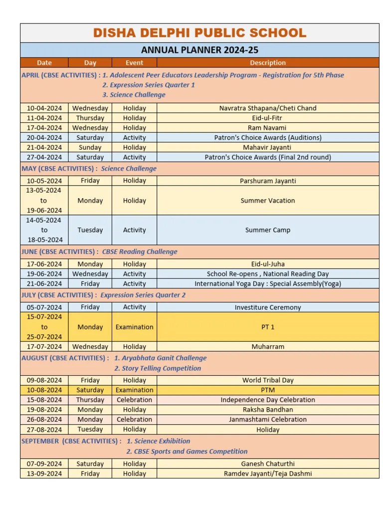 Academic and Holiday Planner For The Session 202425 PDF Observances Holidays