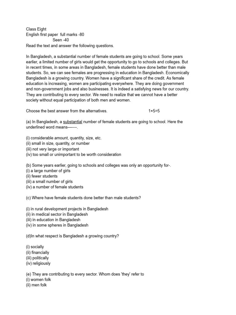 Class Eight English first paper 1st semester PDF