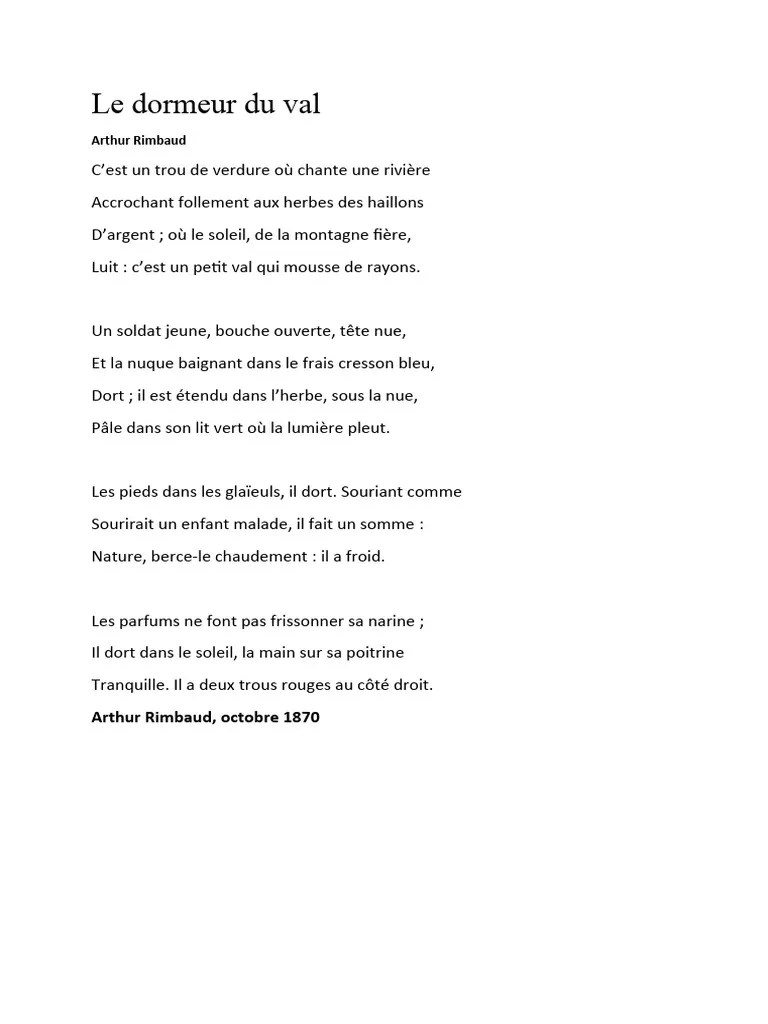 Rimbaud Le Dormeur du Val et la Mort PDF Arthur Rimbaud Sommeil