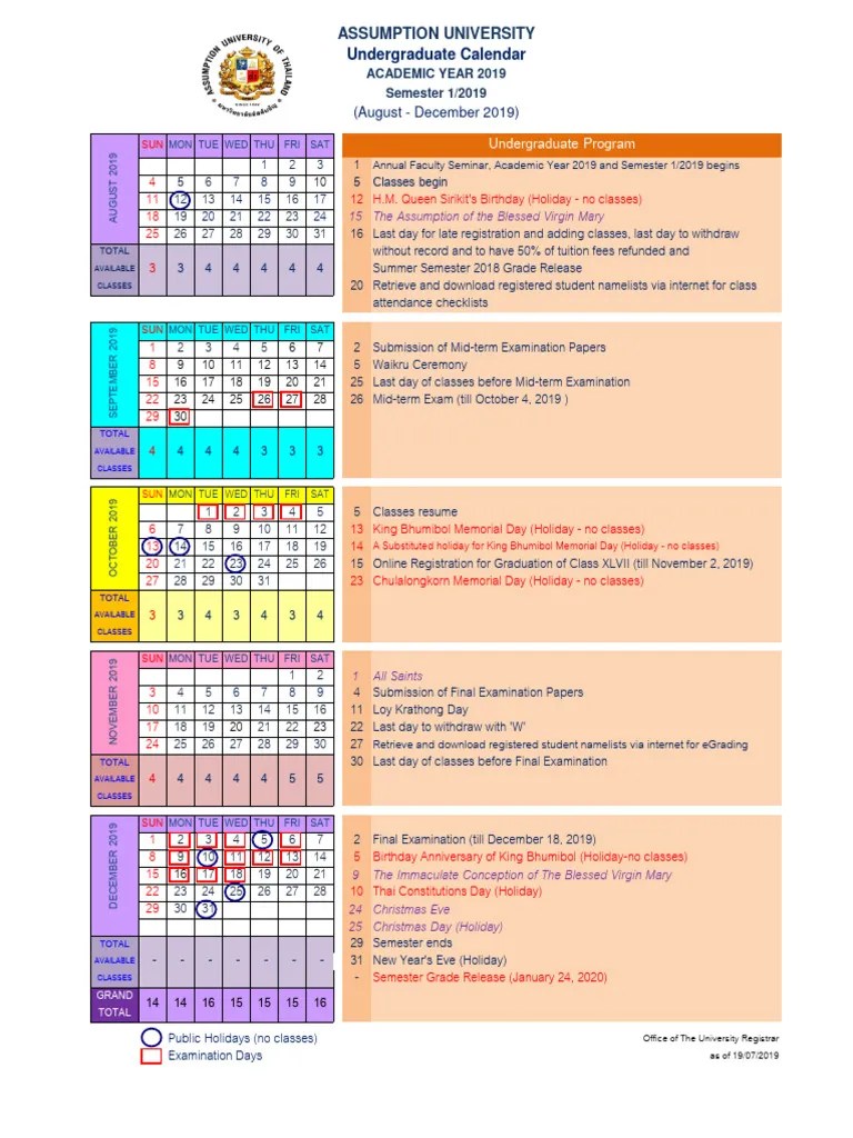 Assumption University Academic Calendar 2019 PDF Academic Term
