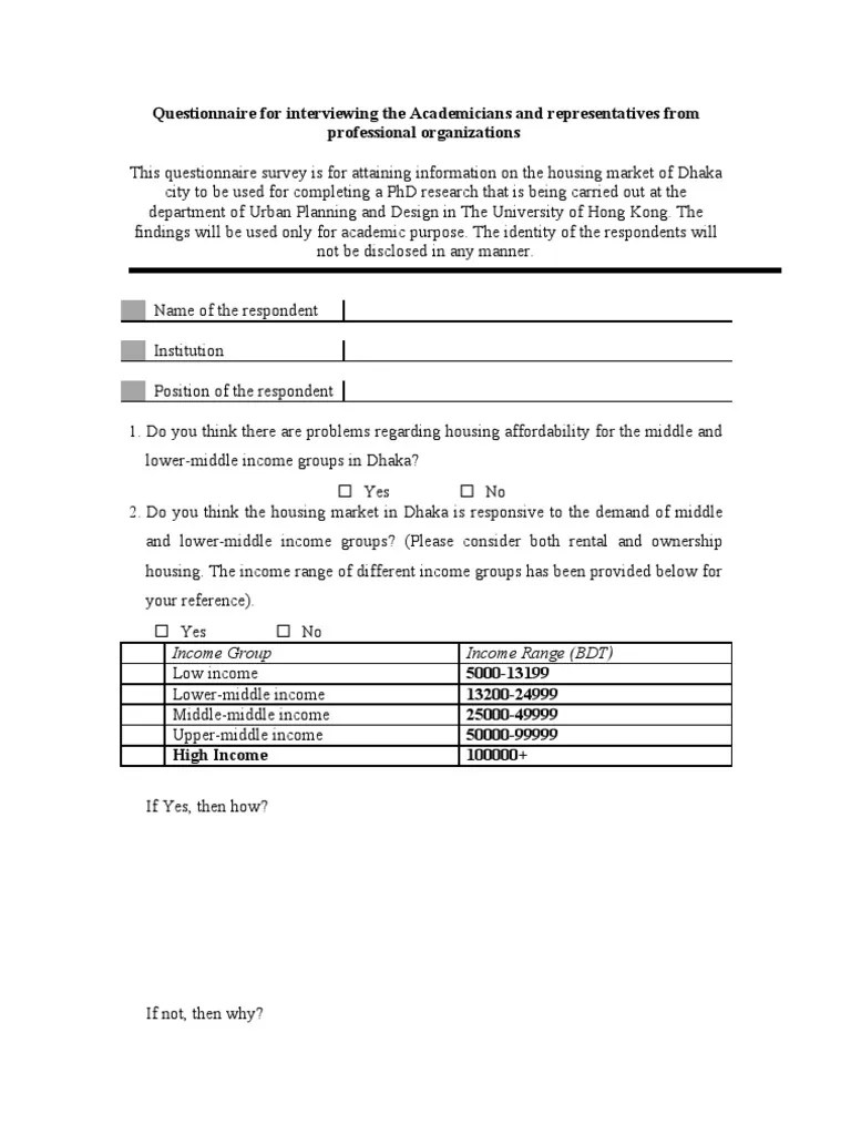 Questionnaire for Academicians Affordable Housing Economies