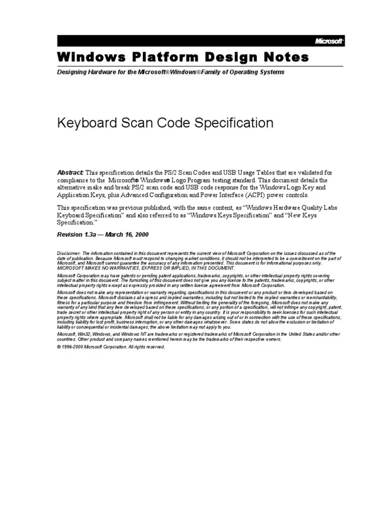 Keyboard Scan Code Specification Windows Platform Design Notes PDF