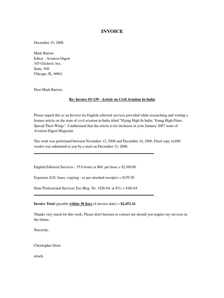 Invoice Letter Template - For Professional Services