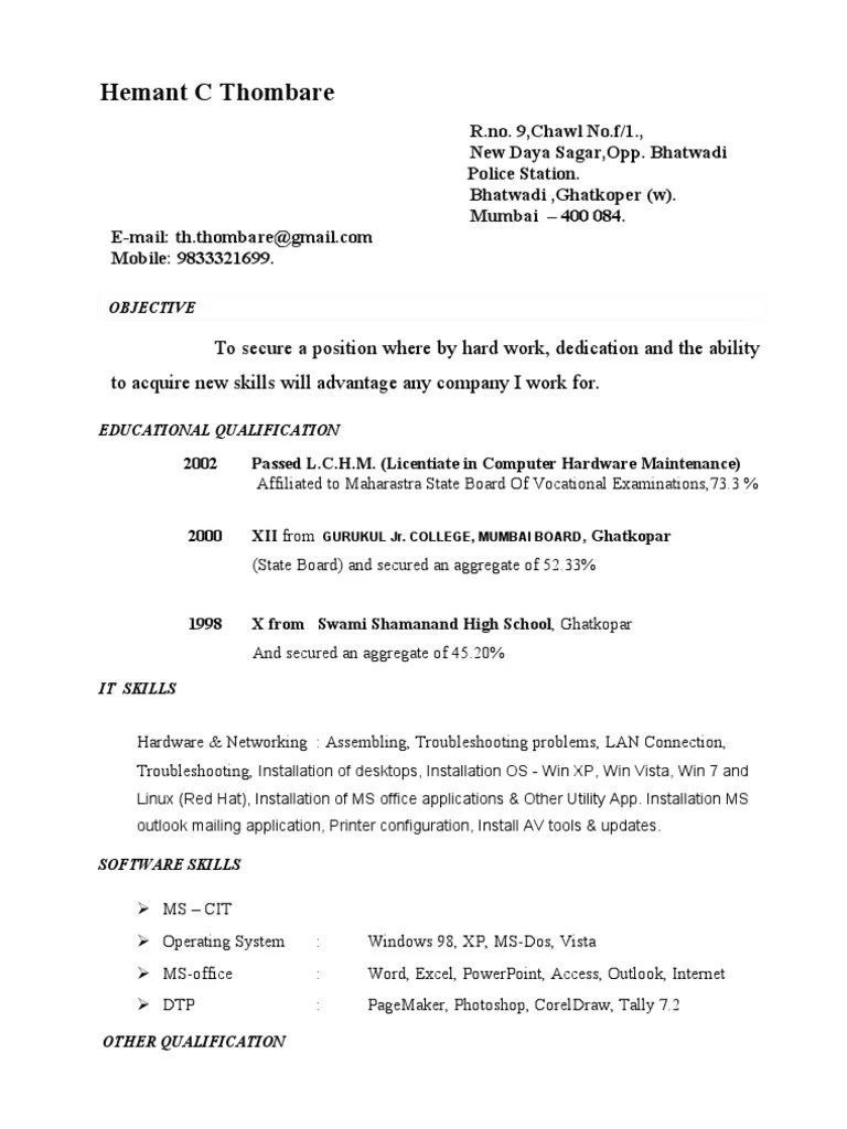 Hardware & Networking Resume Operating System Microsoft Office