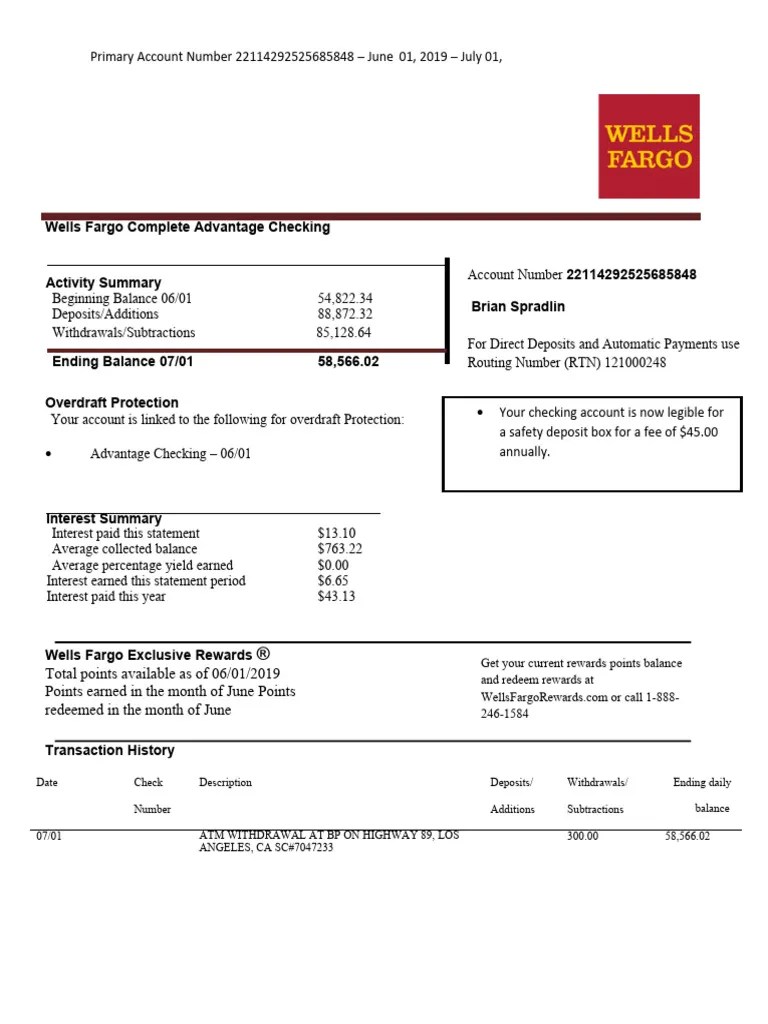 Wells Fargo Complete Advantage Checking PDF Overdraft Transaction