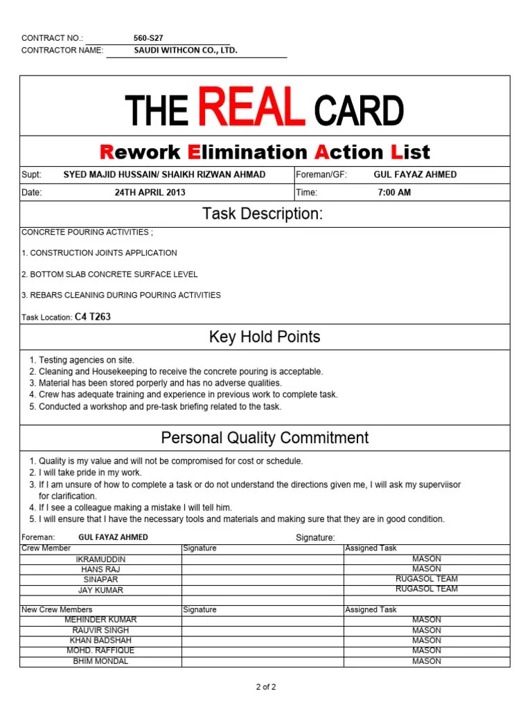 Rework Elemination Action List (REAL) Card C4 T263 PDF Concrete