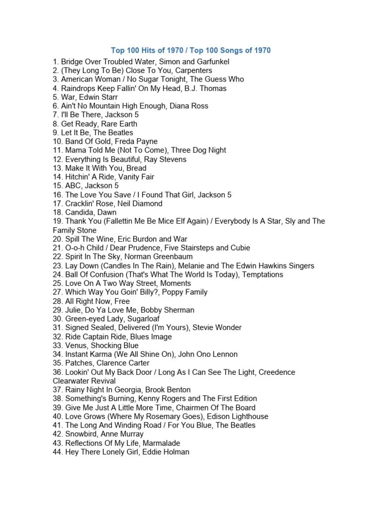 Top 100 Songs Of 1970 Pdf Singles Musical Groups