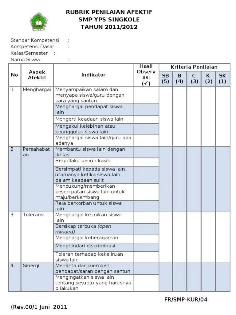 Rubrik Penilaian Afektif | PDF