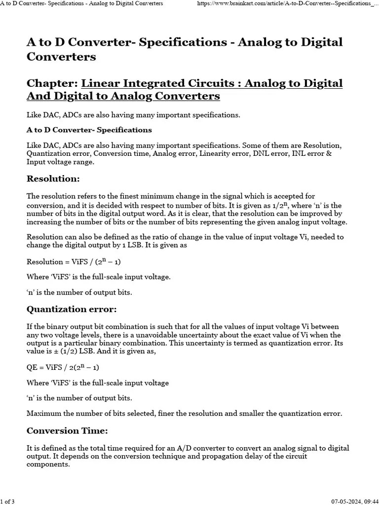 A To D Converter Specifications Analog To Digital Converters PDF