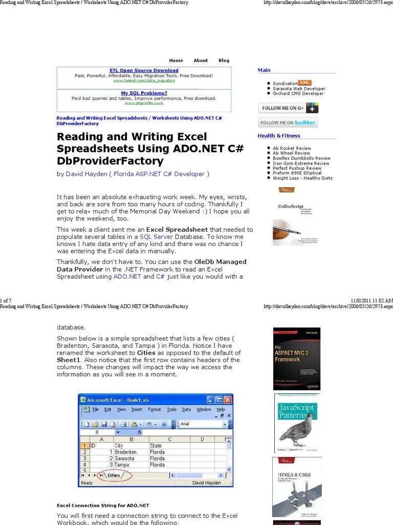 Reading and Writing Excel Spreadsheets Worksheets Using ADO Net C DbProviderFactory PDF