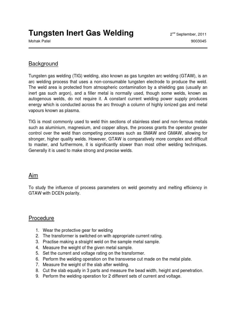 Tungsten Inert Gas Welding PDF Welding Construction