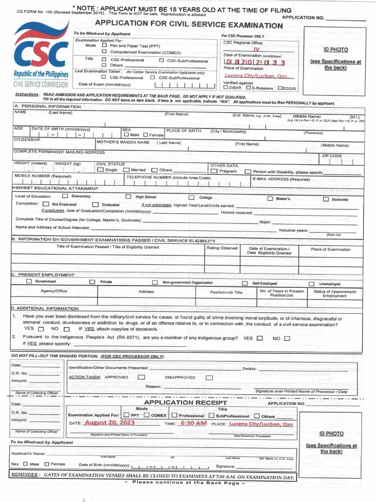 CS Form No. 100 (Revised September 2016) For August 2023 PDF