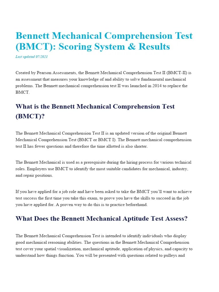 Mechanical Comprehension Test Scoring Results PDF Reading