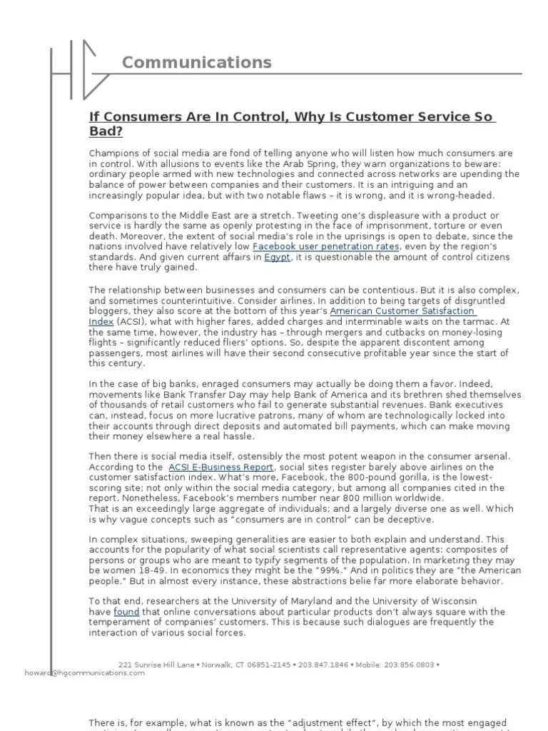If Consumers Are in Control Why Is Customer Service So Bad PDF Arab
