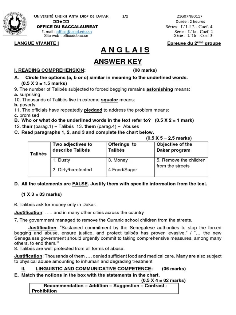 Corrige Epreuve Bac 2021 Anglais L'1L2LibL1b 2eme Groupe Sénégal PDF