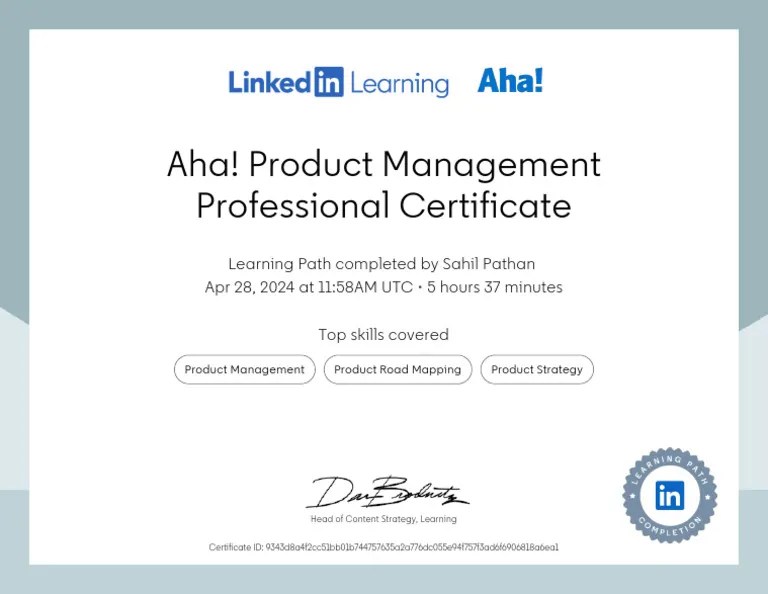 CertificateOfCompletion_Aha Product Management Professional Certificate