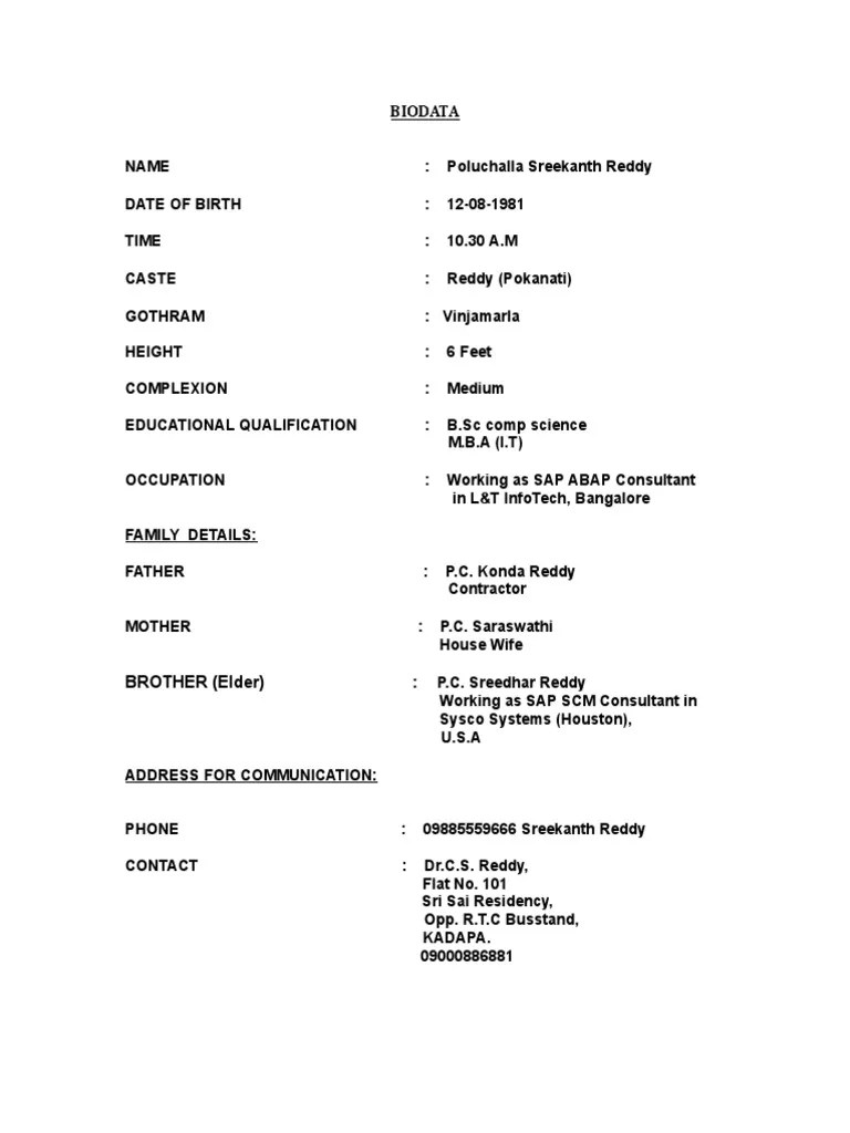 Biodata Format for Marriage