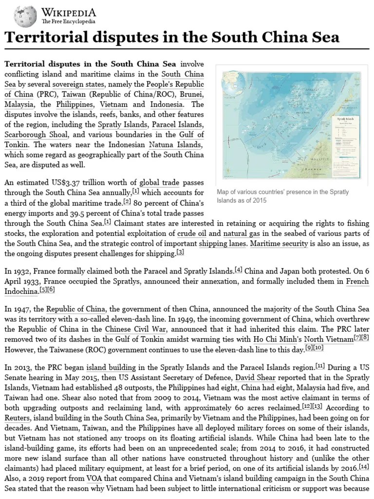 Territorial Disputes in The South China Sea Wikipedia PDF South