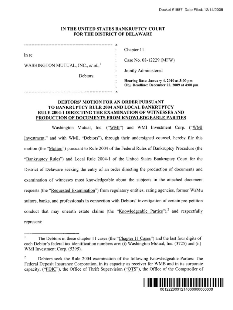 Washington Mutual (WMI) Debtors' Motion for an Order Pursuant to