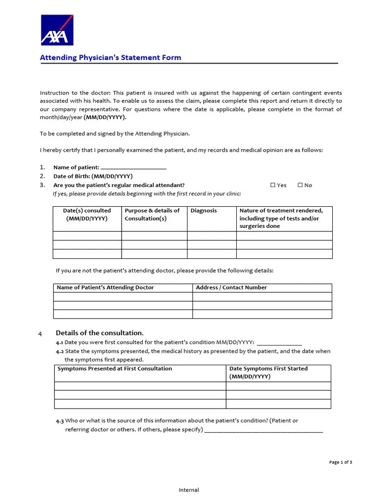 Attending Physician's Statement Form PDF Physician Medical Diagnosis