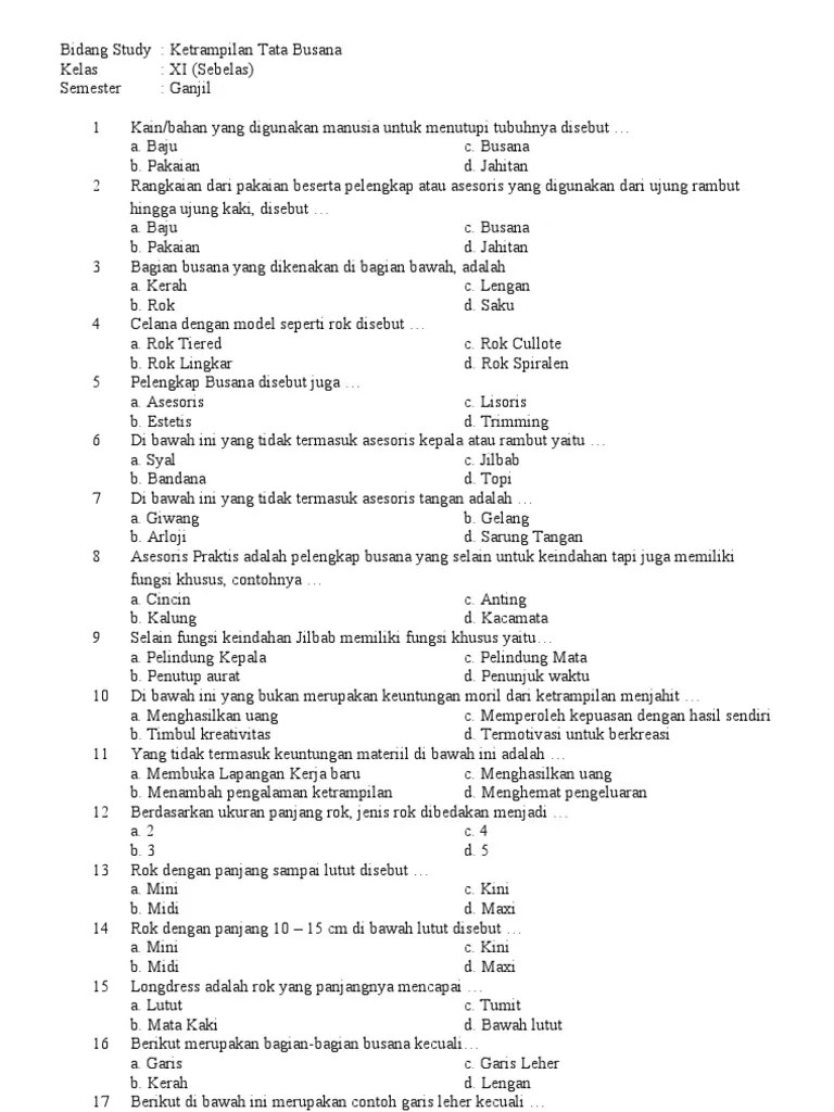 Soal Tata Busana Kelas 8 Update Sekolah