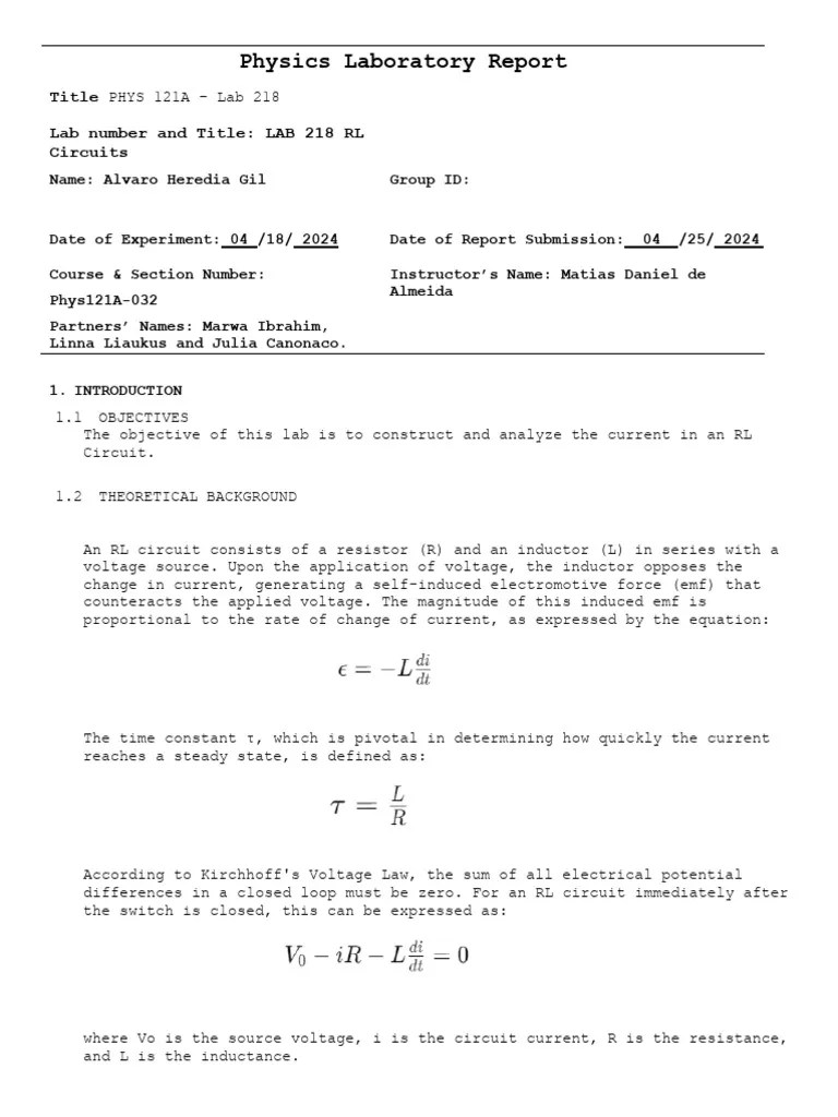 LAB 11 218 RL Circuits Download Free PDF Electrical Network Voltage