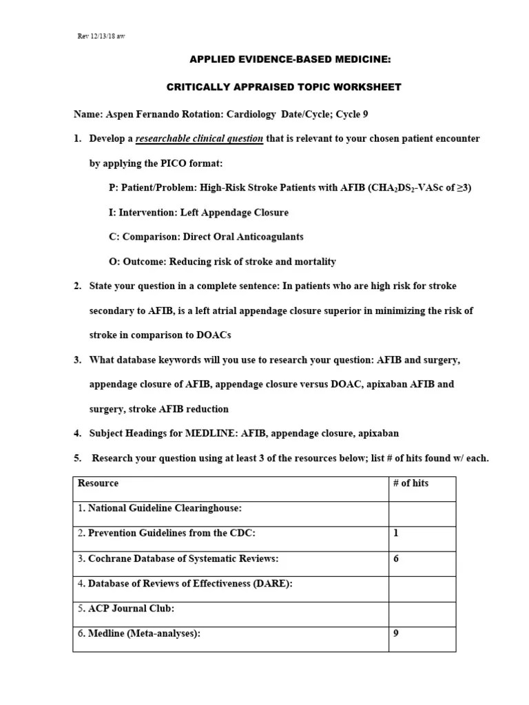 Applied Evidence-Based Medicine: Critically Appraised Topic Worksheet