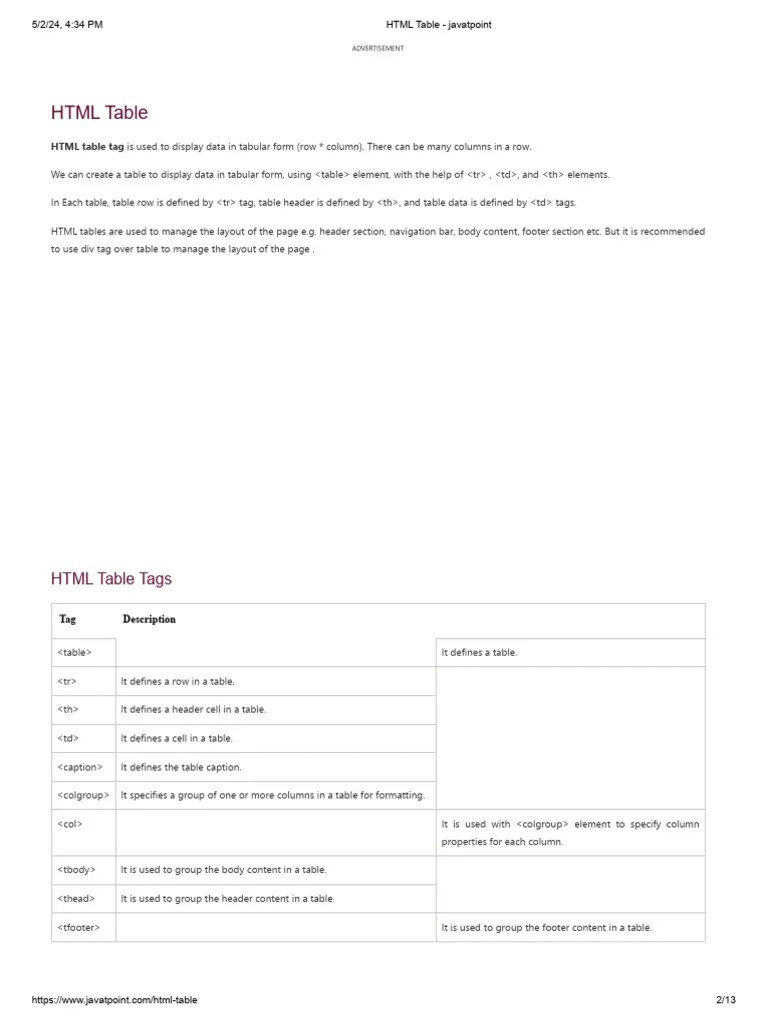 HTML Table Javatpoint PDF Html Element Html