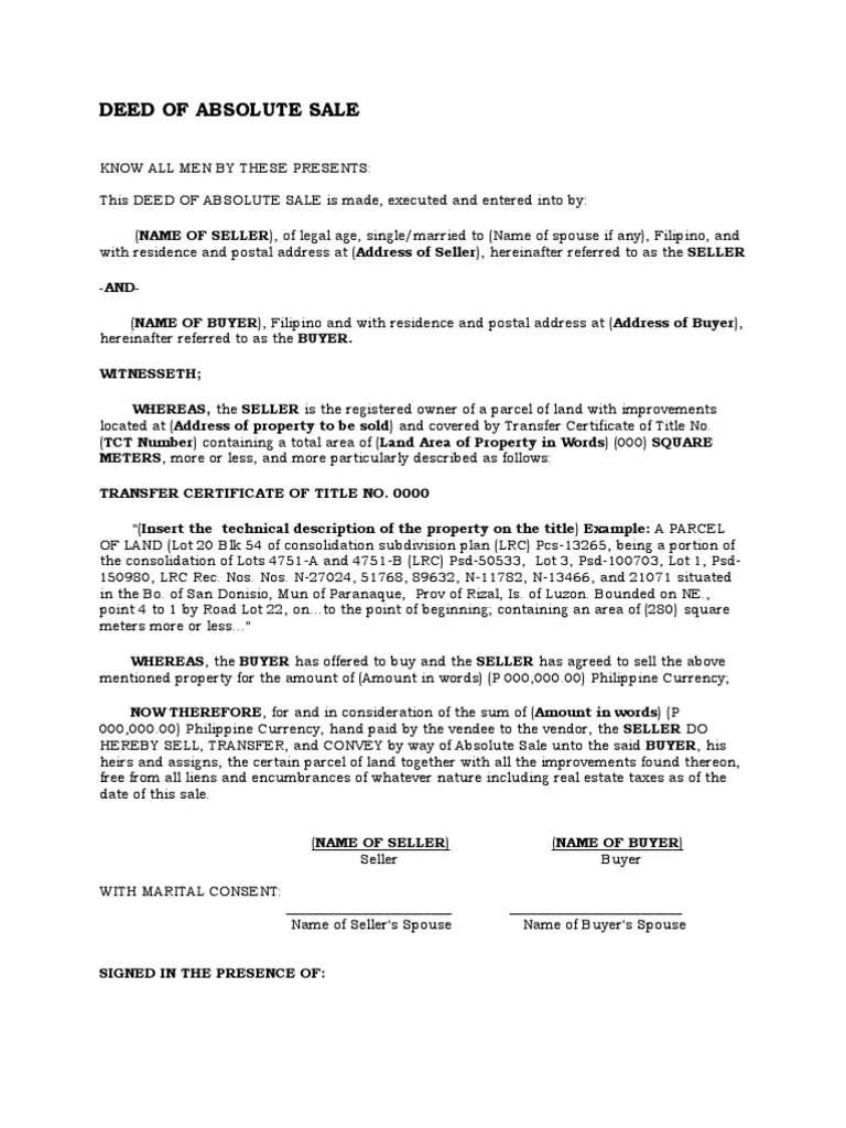 Deed of Absolute Sale Lease Will And Testament Free 30day Trial