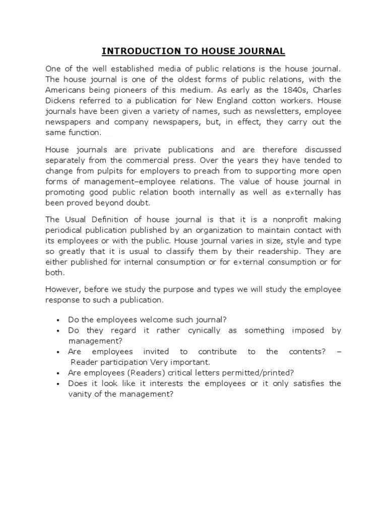 INTRODUCTION TO HOUSE JOURNAL Public Relations Expert