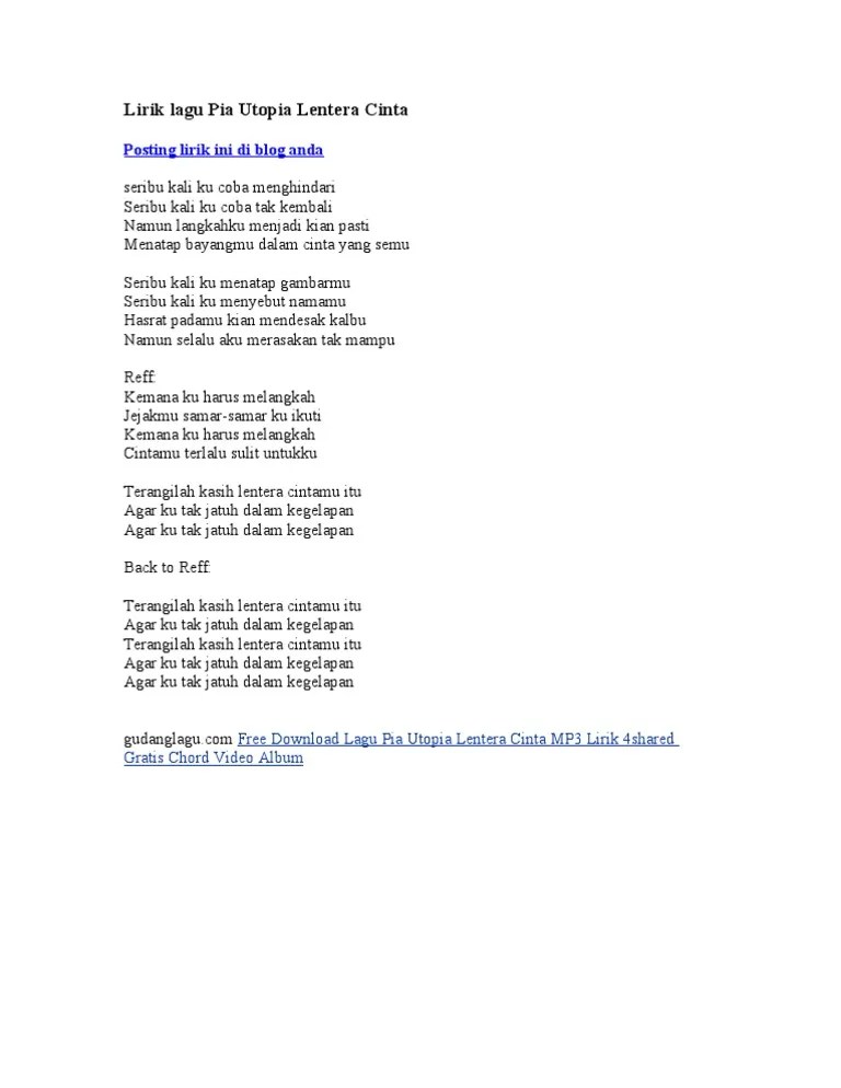 Lirik Lagu Pia Utopia Lentera Cinta | PDF