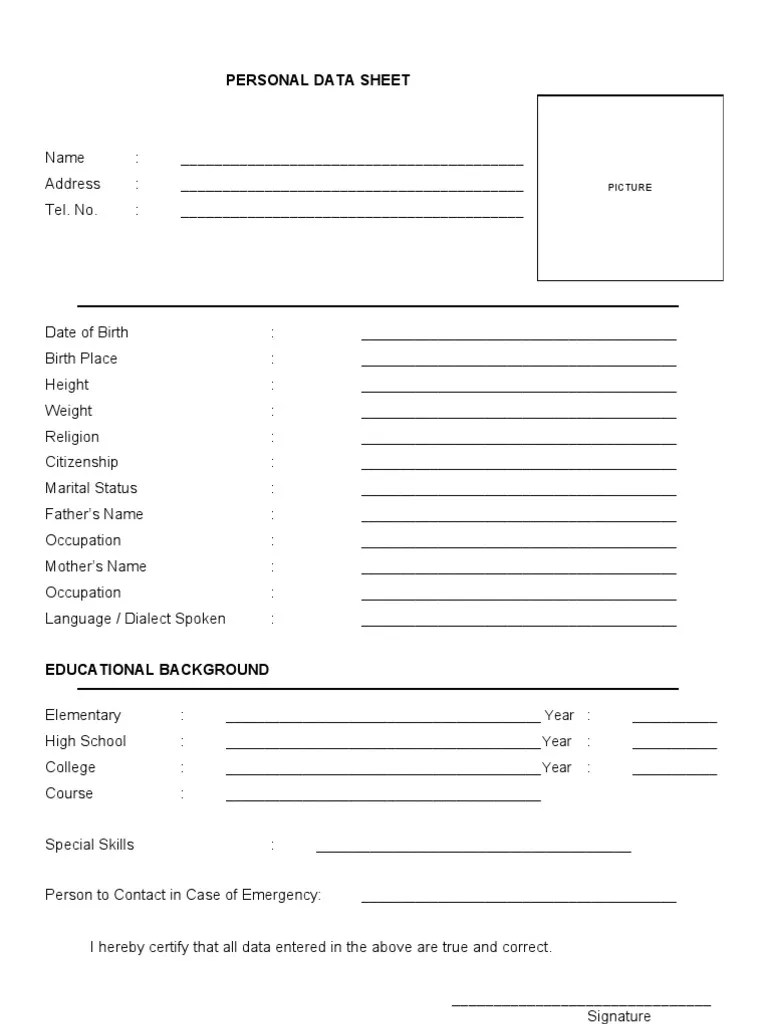 Bio Data Sheet 1