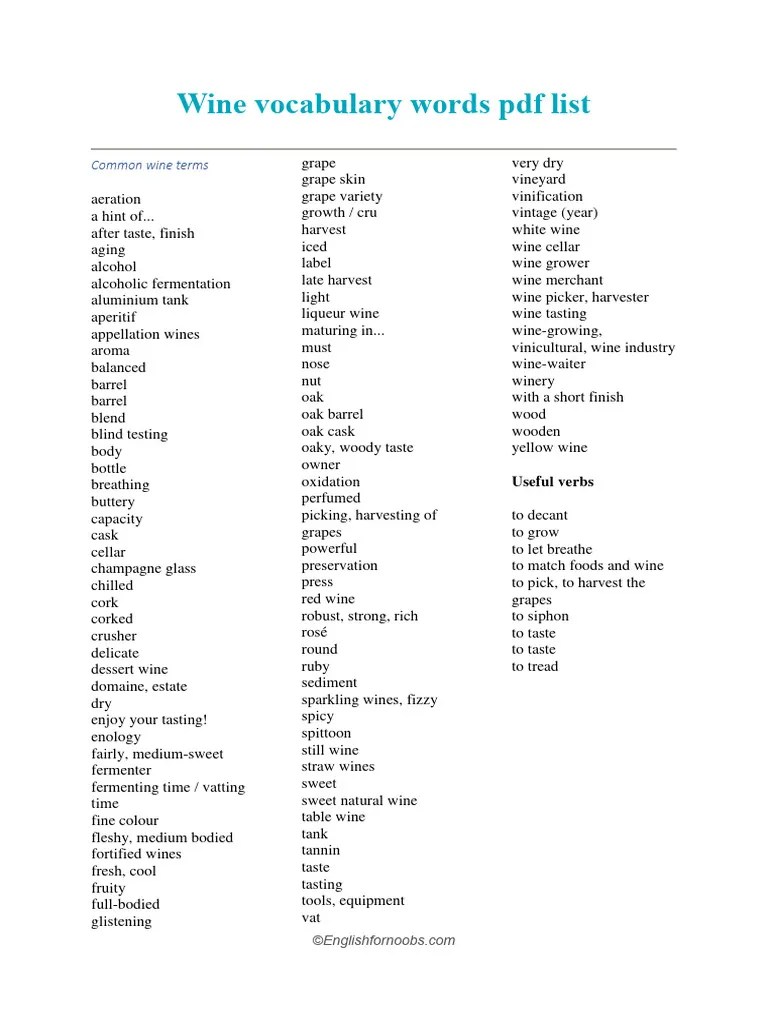 Wine Vocabulary Words Download Free PDF Wine Winemaking
