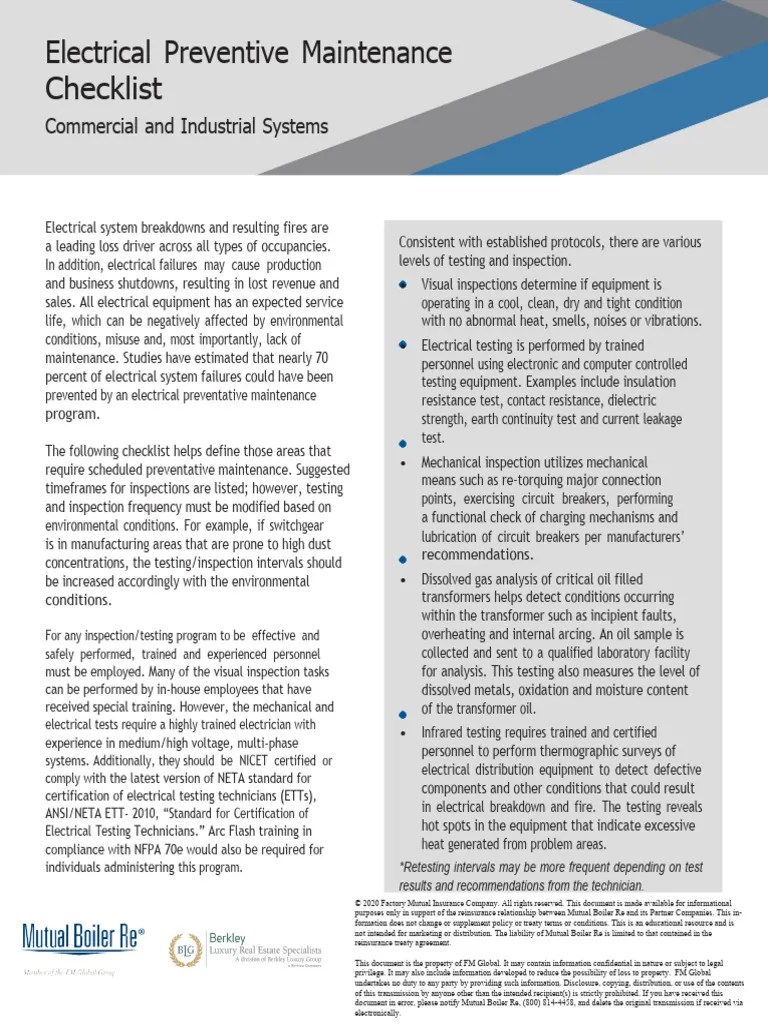 Electrical Preventive Maintenance Checklist Download Free PDF