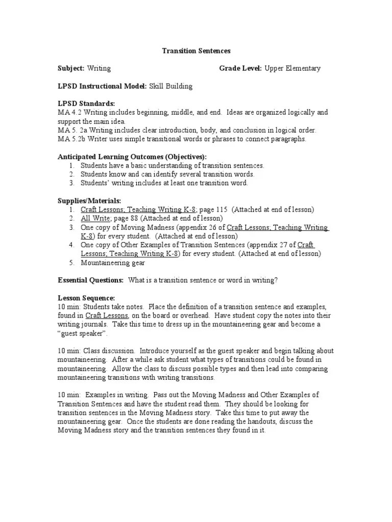 Transition Sentences Lesson PDF Sentence (Linguistics) Word