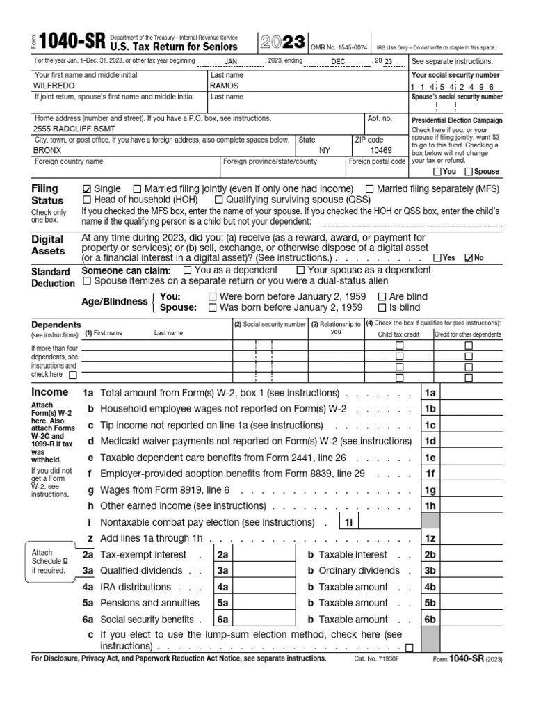 2023 Form 1040SR. U.S. Tax Return For Seniors PDF Irs Tax Forms