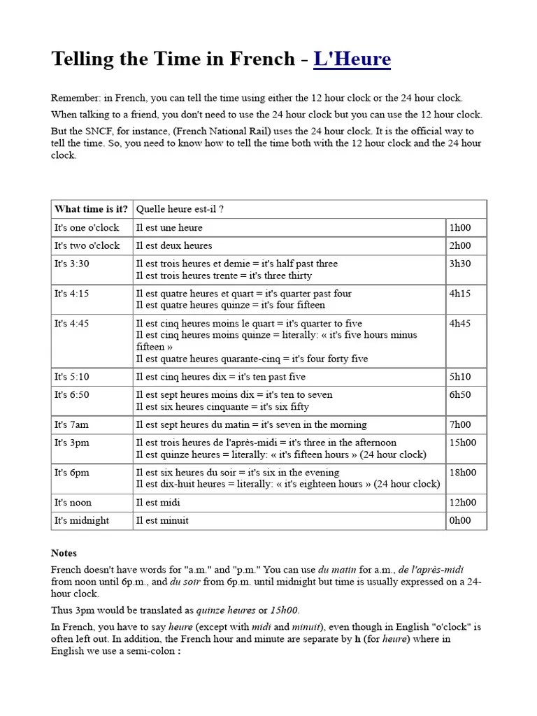 How to tell the time in French PDF Spacetime Units Of Measurement
