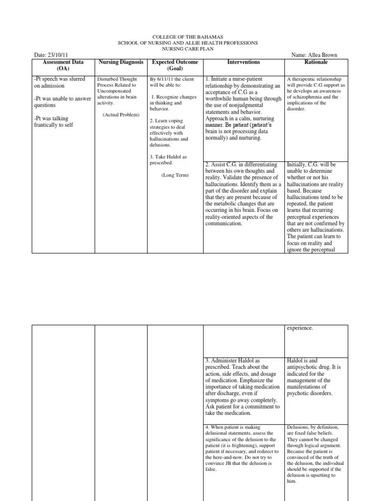 Care Plan for Schizophrenia Delusion Mental Disorder