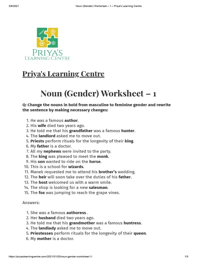 Noun Gender Worksheet E28093 1 E28093 Priyas Learning Centre PDF