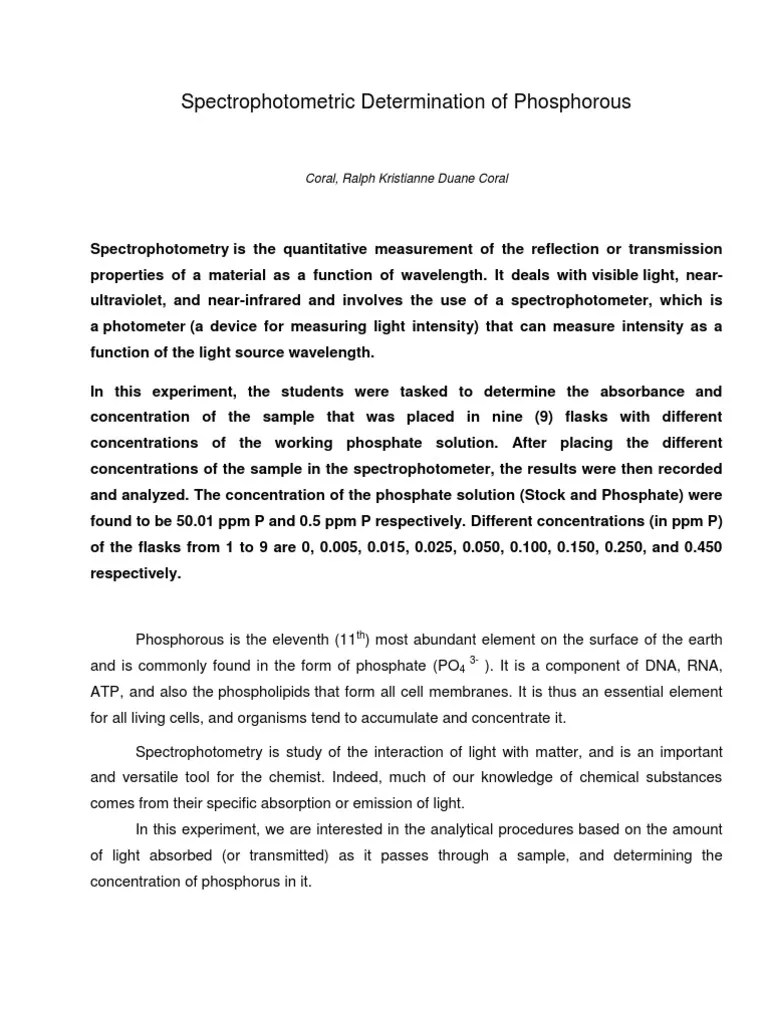 Spectrophotometric Determination of Phosphorous Paper PDF