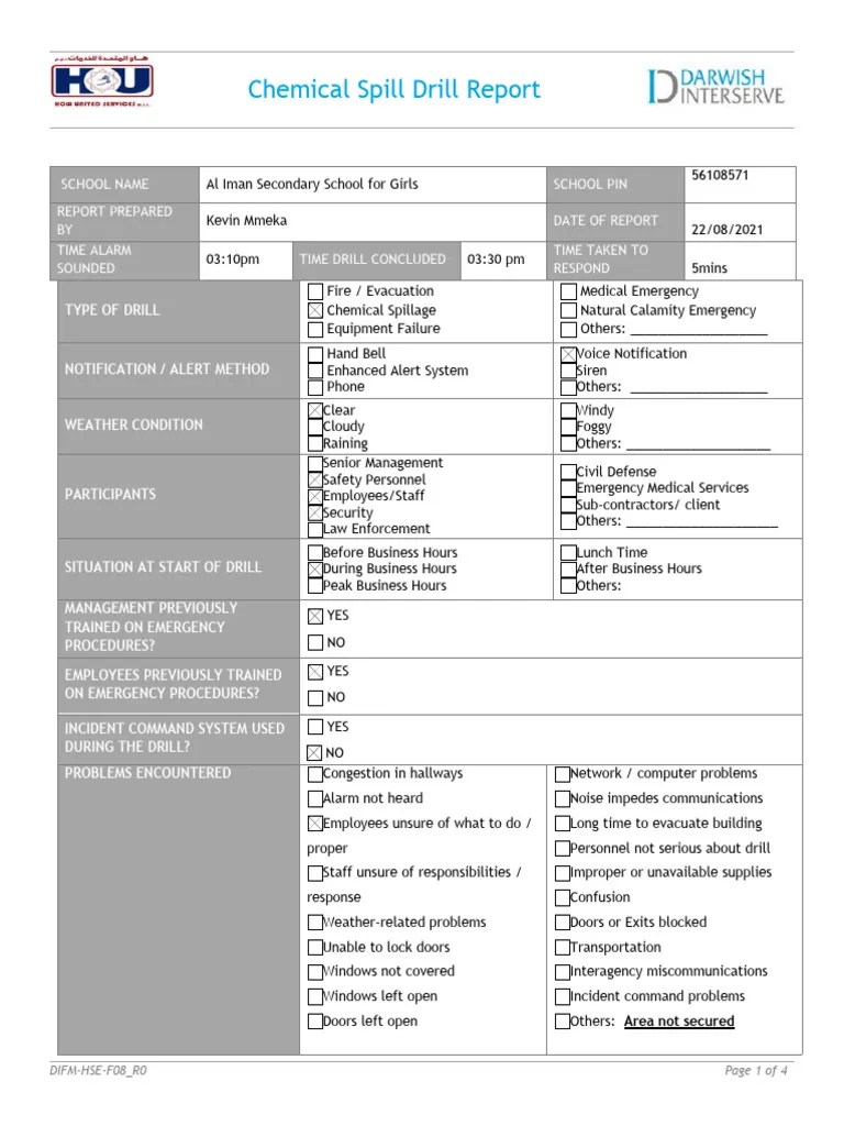 Chemical Spill Drill Report Summary PDF Emergency Incident