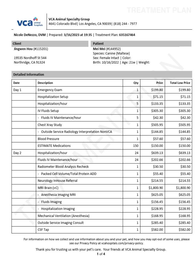 Treatment Plan VCA Animal Specialty Group PDF Hospital Serology