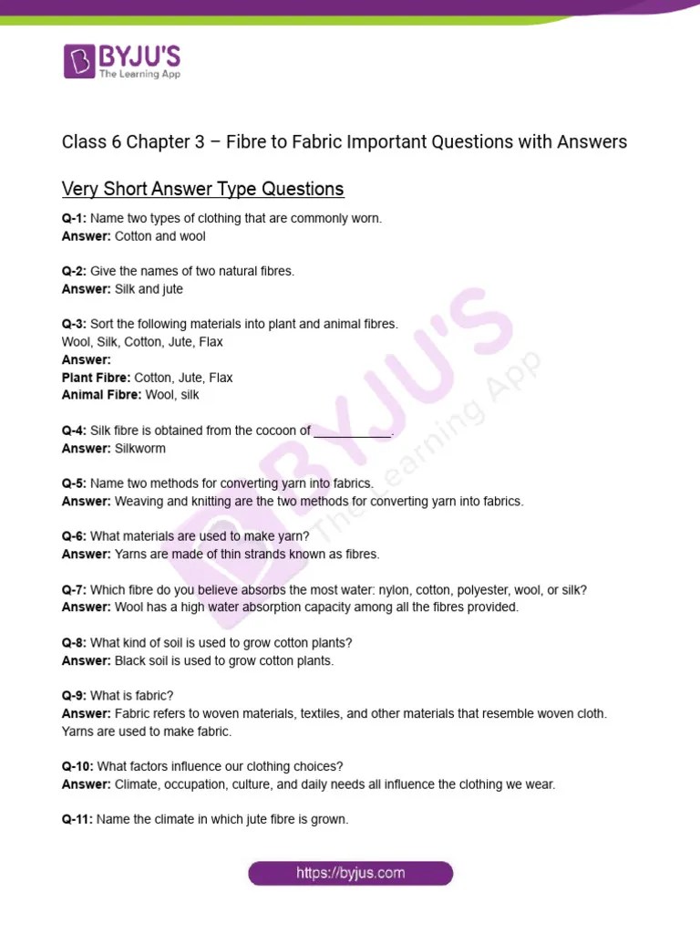 Class 6 Chapter 3 Fibre To Fabric Important Questions With Answers
