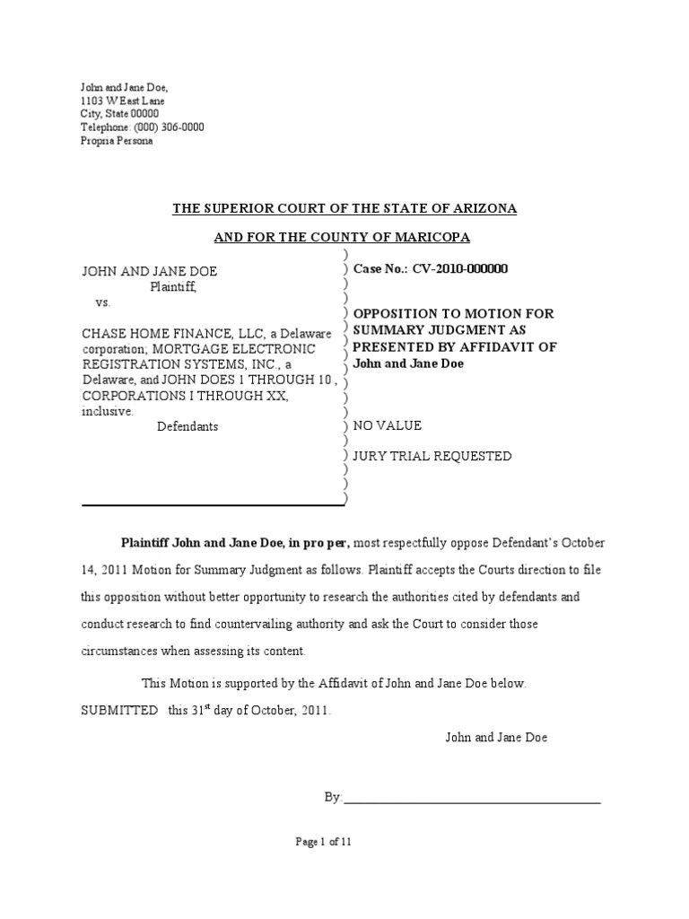 Foreclosure Opposition to Motion for Summary Judgment Summary