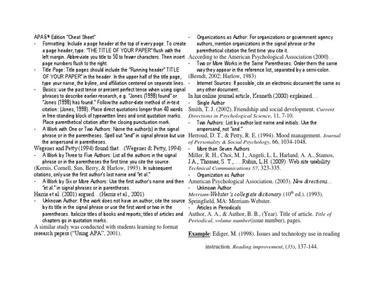 APA 6th Edition Cheat Sheet Citation Bracket