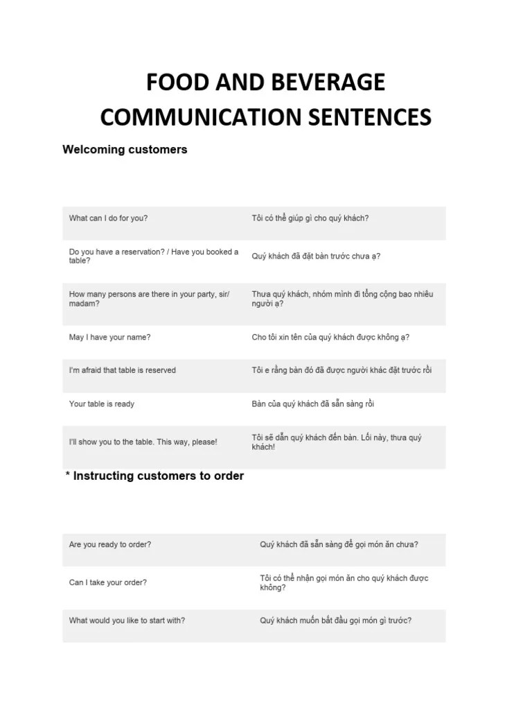 Food and Beverage Communication Sentences PDF
