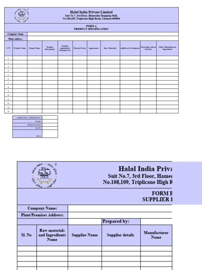 Form A and Form B, Product Specification and RM, Ingredients List