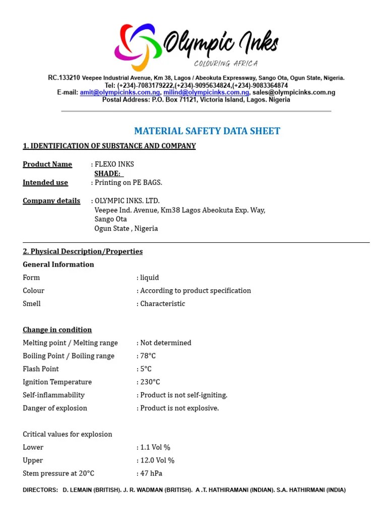Flexo Inks Msds .En Ur PDF Water Combustion