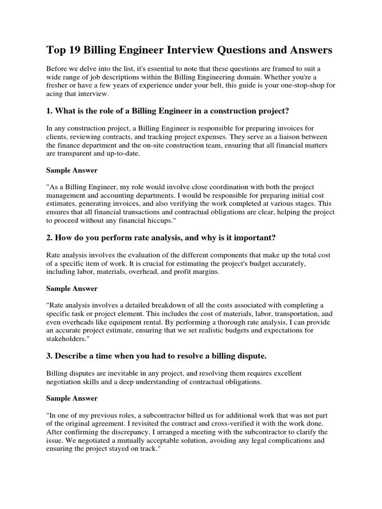 Billing Engineer Interview Questions and Answers PDF Business
