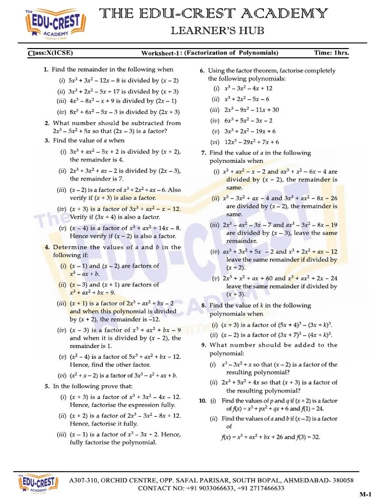 Worksheet - Factorization of Polynomial-2 | PDF